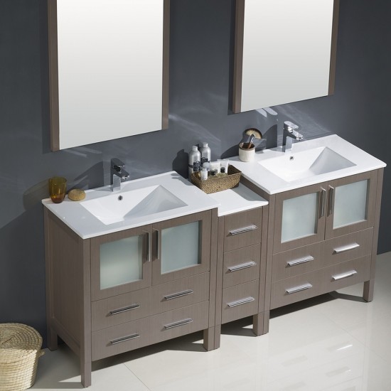 72 Gray Oak Double Sink Bathroom Vanity w/ Side Cabinet & Integrated Sinks