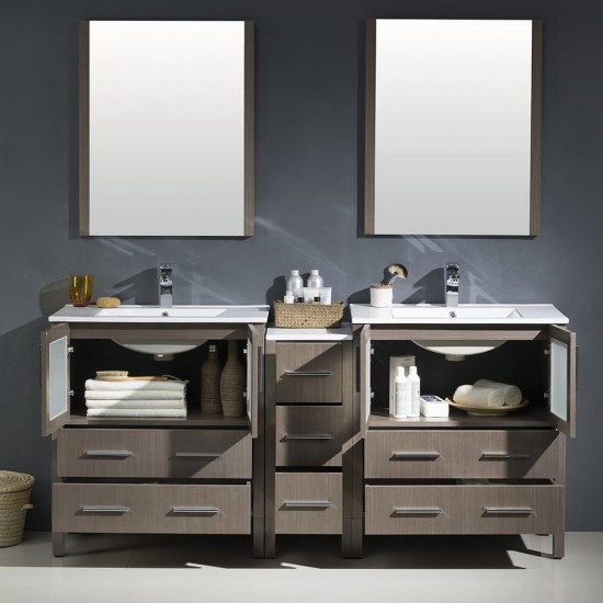 72 Gray Oak Double Sink Bathroom Vanity w/ Side Cabinet & Integrated Sinks