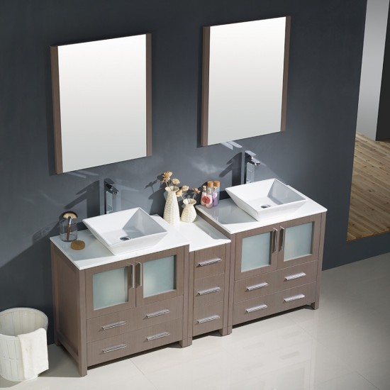 72 Gray Oak Modern Double Sink Bathroom Vanity w/ Side Cabinet & Vessel Sinks