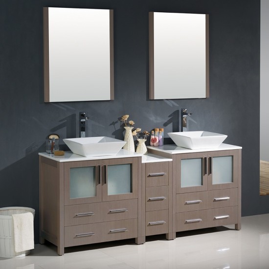 72 Gray Oak Modern Double Sink Bathroom Vanity w/ Side Cabinet & Vessel Sinks