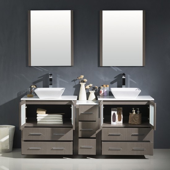 72 Gray Oak Modern Double Sink Bathroom Vanity w/ Side Cabinet & Vessel Sinks