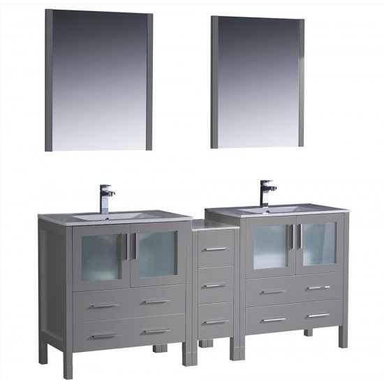 72 Gray Modern Double Sink Bathroom Vanity w/ Side Cabinet & Integrated Sinks