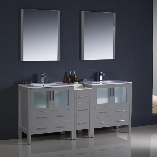 72 Gray Modern Double Sink Bathroom Vanity w/ Side Cabinet & Integrated Sinks