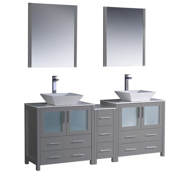 Torino 72 Gray Modern Double Sink Bathroom Vanity w/ Side Cabinet & Vessel Sinks