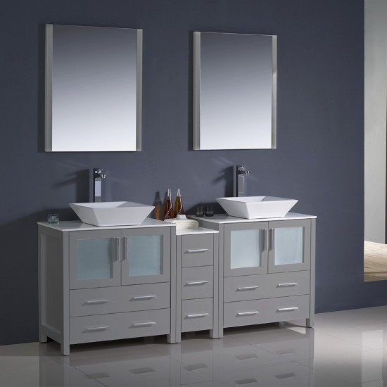 Torino 72 Gray Modern Double Sink Bathroom Vanity w/ Side Cabinet & Vessel Sinks