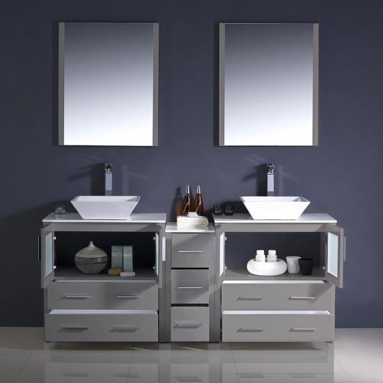 Torino 72 Gray Modern Double Sink Bathroom Vanity w/ Side Cabinet & Vessel Sinks