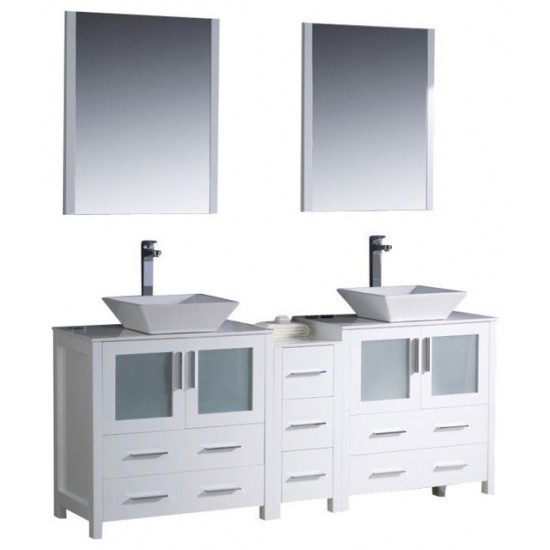 Torino 72 White Modern Double Sink Bathroom Vanity w/ Side Cabinet, Vessel Sinks