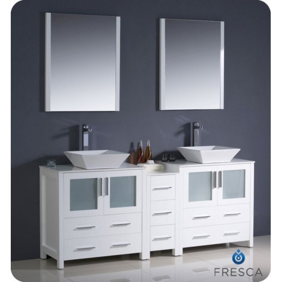 Torino 72 White Modern Double Sink Bathroom Vanity w/ Side Cabinet, Vessel Sinks