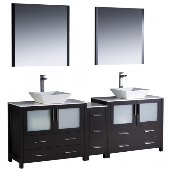 84 Espresso Modern Double Sink Bathroom Vanity w/ Side Cabinet & Vessel Sinks