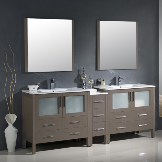 84 Gray Oak Double Sink Bathroom Vanity w/ Side Cabinet & Integrated Sinks