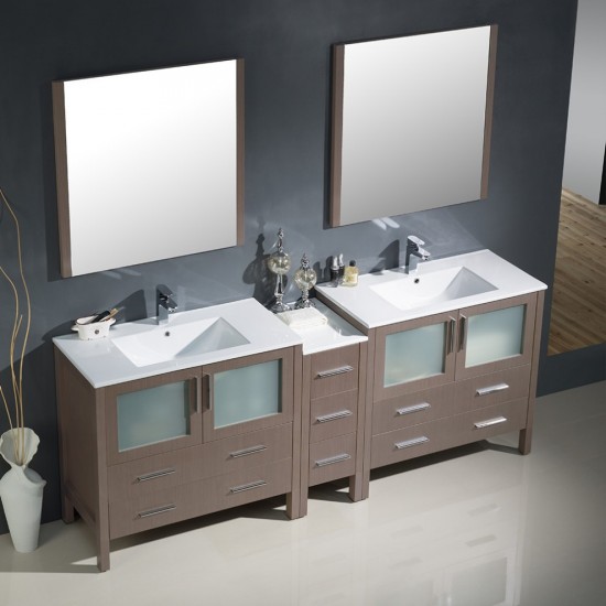 84 Gray Oak Double Sink Bathroom Vanity w/ Side Cabinet & Integrated Sinks