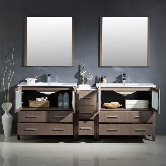 84 Gray Oak Double Sink Bathroom Vanity w/ Side Cabinet & Integrated Sinks