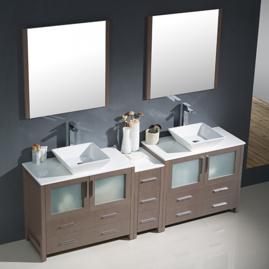 84 Gray Oak Modern Double Sink Bathroom Vanity w/ Side Cabinet & Vessel Sinks
