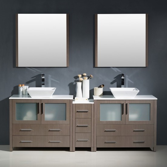 84 Gray Oak Modern Double Sink Bathroom Vanity w/ Side Cabinet & Vessel Sinks