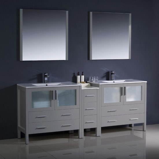 84 Gray Modern Double Sink Bathroom Vanity w/ Side Cabinet & Integrated Sinks