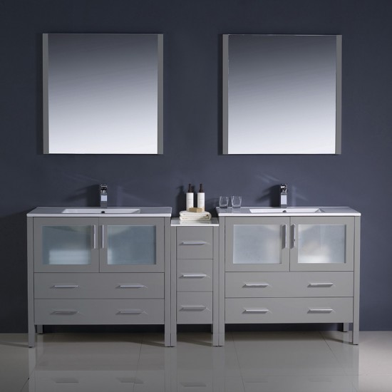 84 Gray Modern Double Sink Bathroom Vanity w/ Side Cabinet & Integrated Sinks