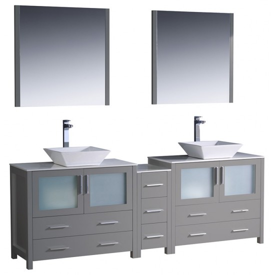 Torino 84 Gray Modern Double Sink Bathroom Vanity w/ Side Cabinet & Vessel Sinks