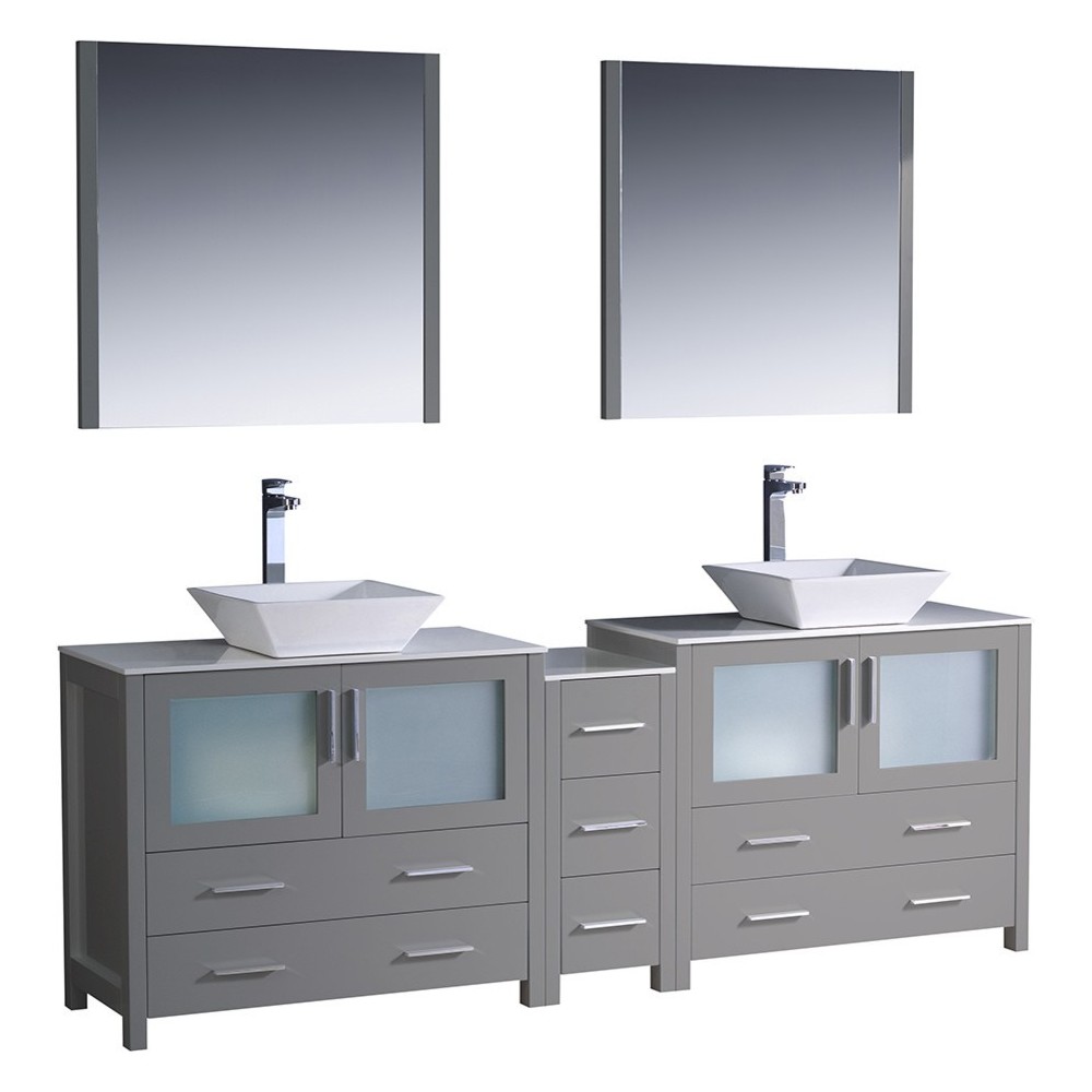 Torino 84 Gray Modern Double Sink Bathroom Vanity w/ Side Cabinet & Vessel Sinks