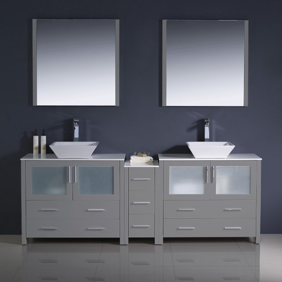 Torino 84 Gray Modern Double Sink Bathroom Vanity w/ Side Cabinet & Vessel Sinks