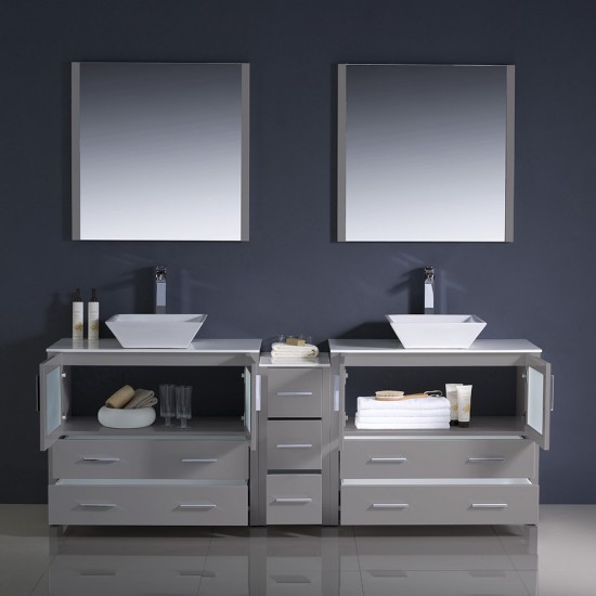 Torino 84 Gray Modern Double Sink Bathroom Vanity w/ Side Cabinet & Vessel Sinks