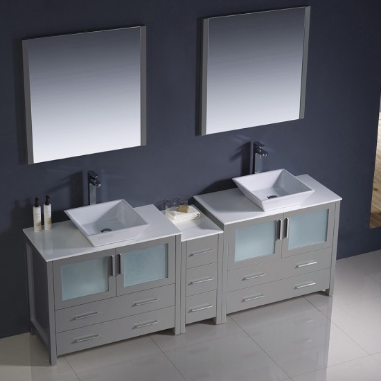 Torino 84 Gray Modern Double Sink Bathroom Vanity w/ Side Cabinet & Vessel Sinks