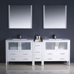 84 White Modern Double Sink Bathroom Vanity w/ Side Cabinet & Integrated Sinks