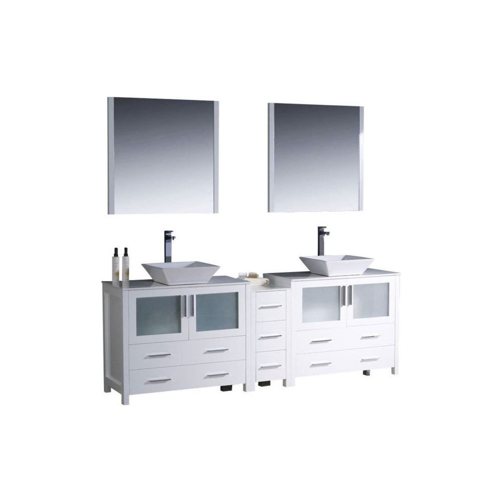 Torino 84 White Modern Double Sink Bathroom Vanity w/ Side Cabinet, Vessel Sinks