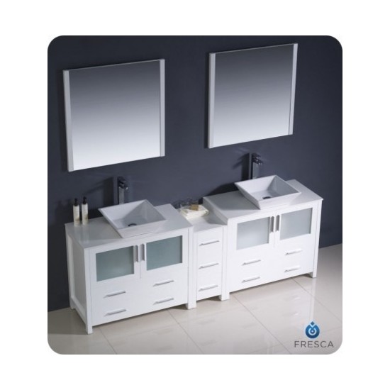 Torino 84 White Modern Double Sink Bathroom Vanity w/ Side Cabinet, Vessel Sinks