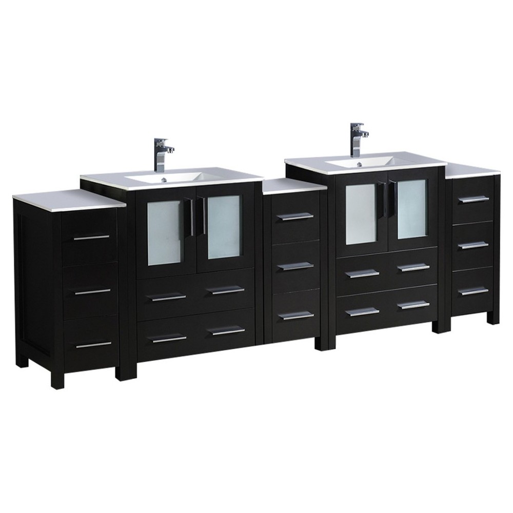 84 Espresso Double Sink Bathroom Vanity w/ 3 Side Cabinets & Integrated Sinks