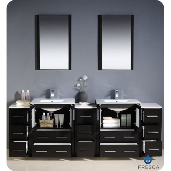 84 Espresso Double Sink Bathroom Vanity w/ 3 Side Cabinets & Integrated Sinks