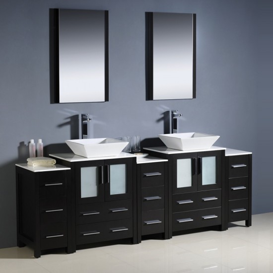 84 Espresso Modern Double Sink Bathroom Vanity w/ 3 Side Cabinets & Vessel Sinks