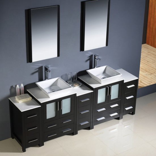84 Espresso Modern Double Sink Bathroom Vanity w/ 3 Side Cabinets & Vessel Sinks