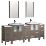 84 Gray Oak Double Sink Bathroom Vanity w/ 3 Side Cabinets & Integrated Sinks