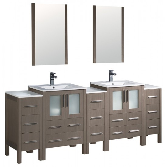 84 Gray Oak Double Sink Bathroom Vanity w/ 3 Side Cabinets & Integrated Sinks