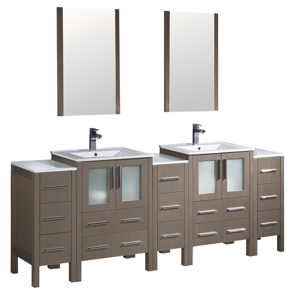 84 Gray Oak Double Sink Bathroom Vanity w/ 3 Side Cabinets & Integrated Sinks