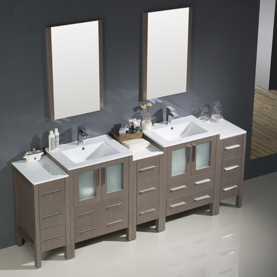 84 Gray Oak Double Sink Bathroom Vanity w/ 3 Side Cabinets & Integrated Sinks