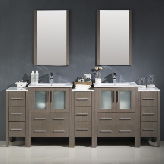 84 Gray Oak Double Sink Bathroom Vanity w/ 3 Side Cabinets & Integrated Sinks