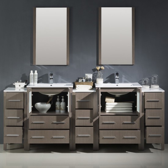 84 Gray Oak Double Sink Bathroom Vanity w/ 3 Side Cabinets & Integrated Sinks