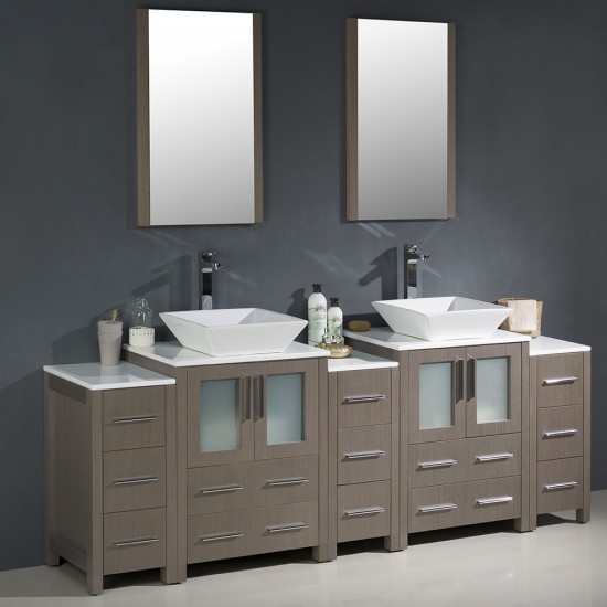 84 Gray Oak Modern Double Sink Bathroom Vanity w/ 3 Side Cabinets & Vessel Sinks