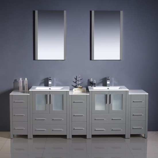 84 Gray Modern Double Sink Bathroom Vanity w/ 3 Side Cabinets & Integrated Sinks