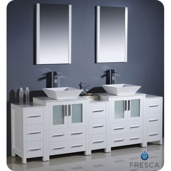 84 White Modern Double Sink Bathroom Vanity w/ 3 Side Cabinets & Vessel Sinks