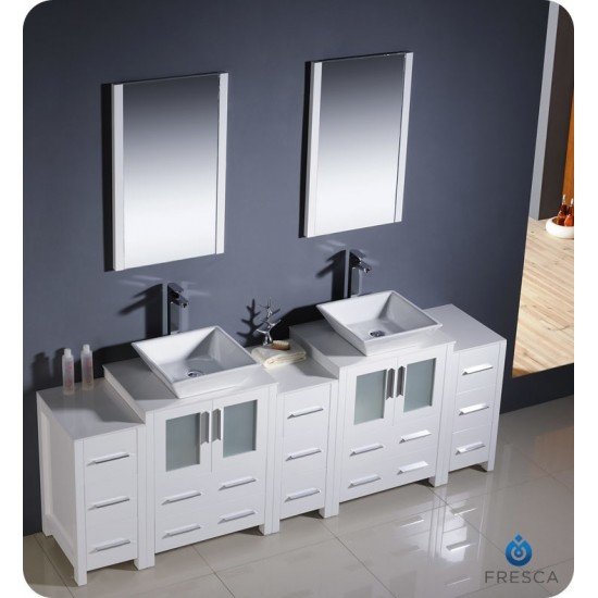 84 White Modern Double Sink Bathroom Vanity w/ 3 Side Cabinets & Vessel Sinks