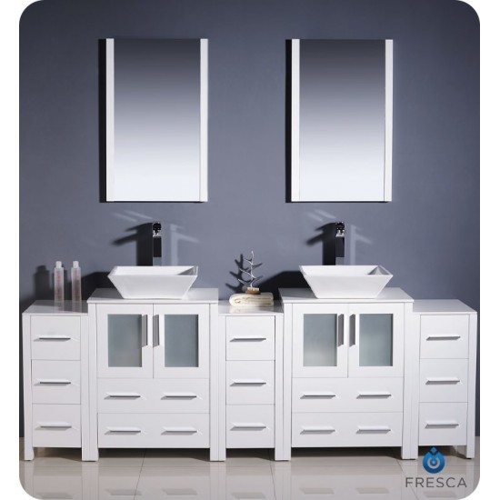 84 White Modern Double Sink Bathroom Vanity w/ 3 Side Cabinets & Vessel Sinks