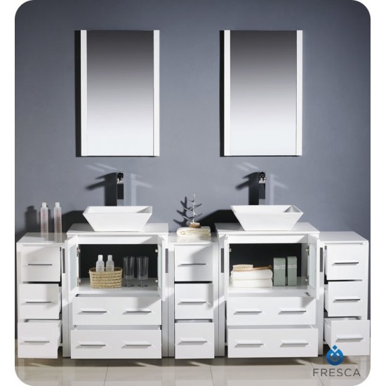 84 White Modern Double Sink Bathroom Vanity w/ 3 Side Cabinets & Vessel Sinks