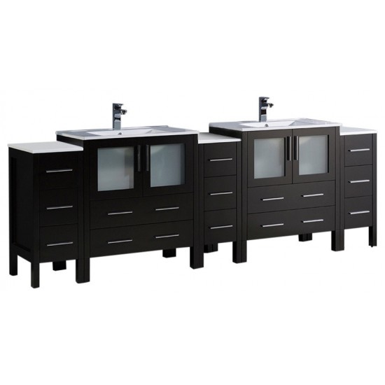 96 Espresso Double Sink Bathroom Vanity w/ 3 Side Cabinets & Integrated Sinks