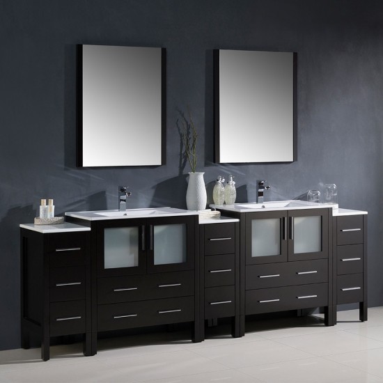 96 Espresso Double Sink Bathroom Vanity w/ 3 Side Cabinets & Integrated Sinks