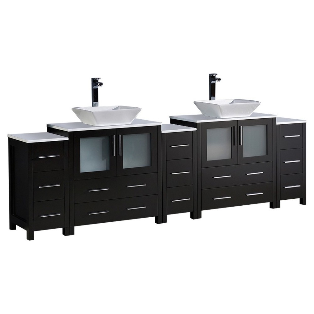 96 Espresso Modern Double Sink Bathroom Vanity w/ 3 Side Cabinets & Vessel Sinks