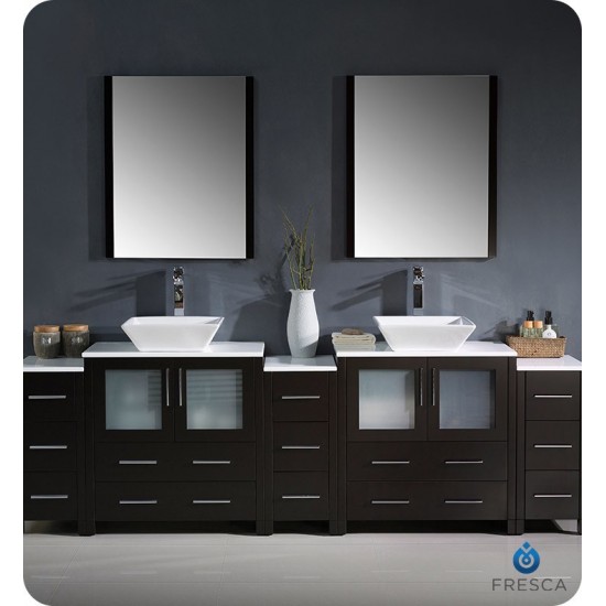 96 Espresso Modern Double Sink Bathroom Vanity w/ 3 Side Cabinets & Vessel Sinks