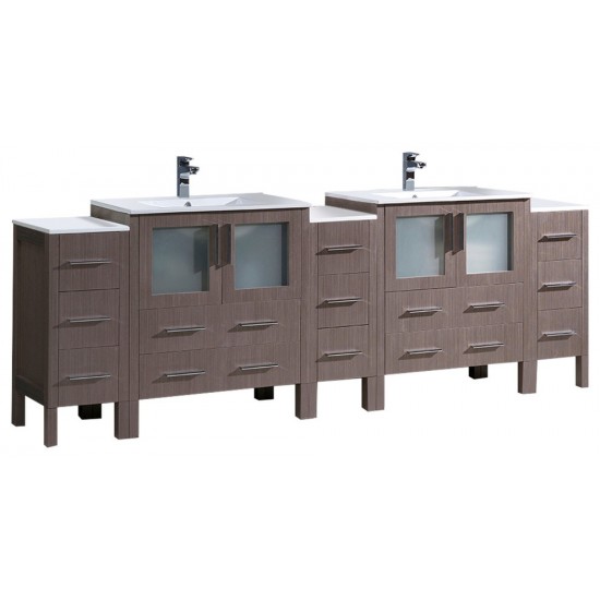 96 Gray Oak Double Sink Bathroom Vanity w/ 3 Side Cabinets & Integrated Sinks