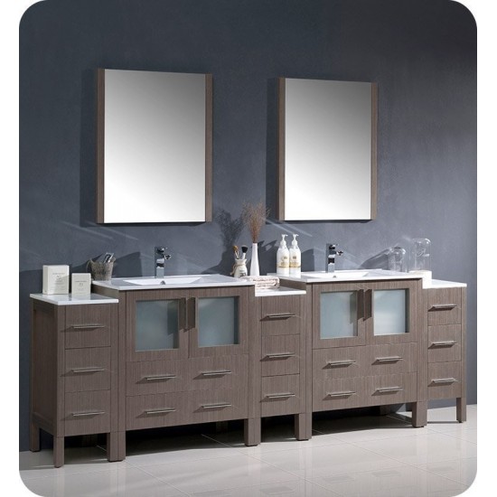 96 Gray Oak Double Sink Bathroom Vanity w/ 3 Side Cabinets & Integrated Sinks